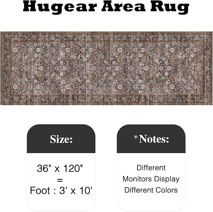 HUGEAR 3x10 Runner Rug Machine Washable Tradition Brown Hallway Area Rug Indoor Accent Rug Floral Low Pile Carpet Soft Throw Rug Bedroom Living Room Office Dining Room Kitchen Laundry Room Non Slip