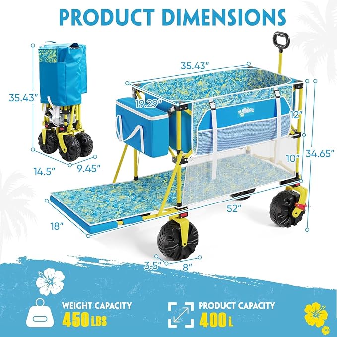 Double Decker Beach Wagon Cart, 400L Extra Large Capacity, 450lbs Heavy Duty, 54" Extendable Tailgate, All-Terrain Wheels with Brakes, Cooler Bag, Cup Holders & Side Pockets for Beach Camping Shoping