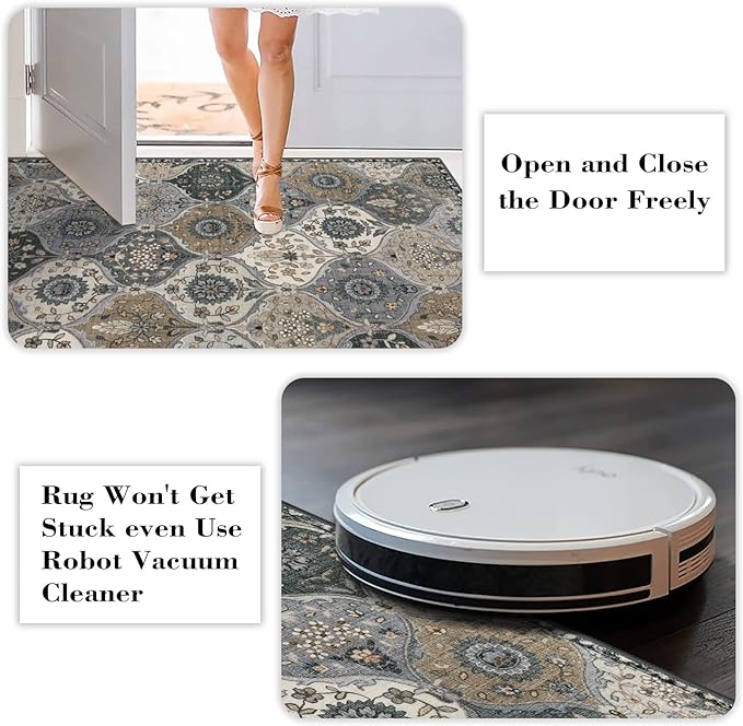 Lahome Moroccan Washable Round Rug 5ft, Soft Circle Rug for Dining Room | Office Vintage Bedroom Bathroom Entryway Distress Non Slip Low Pile Stain Resistant Accent Rug Elise, Grey