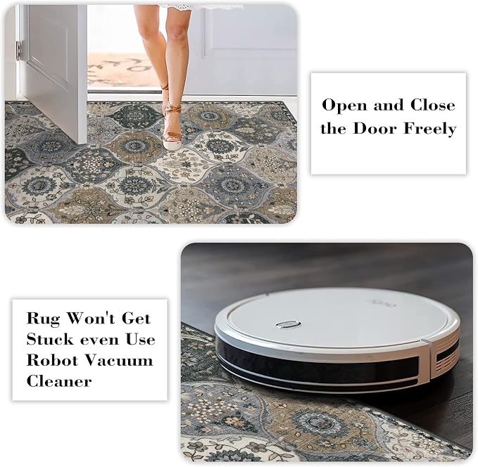 Lahome Moroccan Washable Runner Rug, 2x6 Soft Kitchen Runner Rug Non Slip | Vintage Trellis Laundry Room Rug Vintage Ultra-Thin Long Carpet for Kitchen Bedroom Elise, Grey