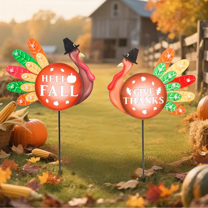 Fall Yard Decor Outdoor Autumn Harvest Garden Stakes with LED Light Autumn Two Turkeys Yard Sign with Stakes Fall Thanksgiving Decoration for Home Outside Lawn Garden Holiday Decor