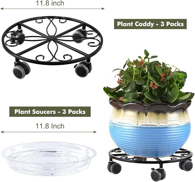3 Pack Plant Caddy with Wheels Heavy Duty 11.8 Inches Metal Plant Stand with Wheels Plant Dolly Rolling Plant Stand Plant Roller with Casters for Indoor and Outdoor (3, Black)