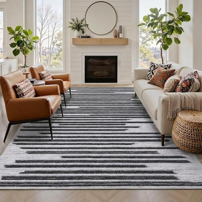 GarveeHome 8x10 Washable Living Room Rug Modern Striped Non Slip Carpet | Foldable Low Pile Area Rug for Home Office Bedroom Dining Room Geometric Stain Resistant Rugs, Black Grey