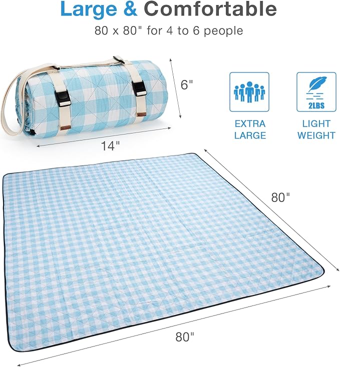 WILLOW WEAVE Picnic Blanket, 80''x80'' Waterproof Outdoor Blankets, Picnic Mat Washable for Beach, Picnic Blankets for Camping on Grass with Shoulder Strap - Blue & White