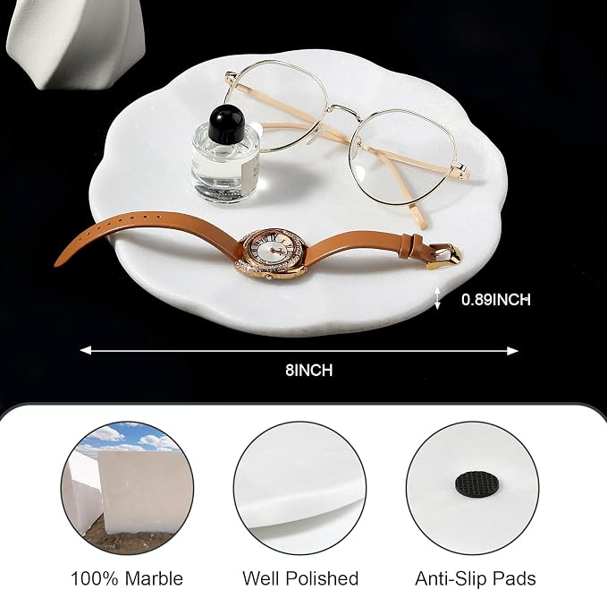 Koville Marble Tray, 8" Round Scalloped Marble Vanity Tray for Jewelry Trinket Perfume, Natural Stone Tray for Bathroom Kitchen Dresser Countertop, Decorative Catchall Tray Home Decor(White)