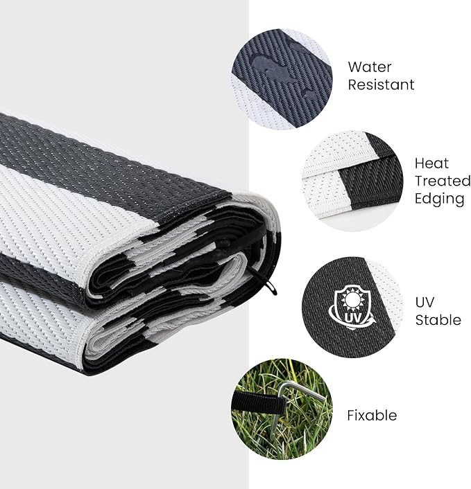 Outdoor Rug 8 x 10 ft, Reversible Plastic Straw Rug for Patio, Waterproof Large Outdoor Carpet for RV, Patio, Camping, Backyard, Deck, Picnic, Beach, Black & White