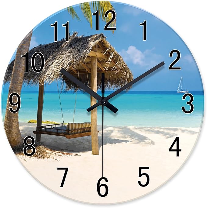 XFM Tropical Beach Wall Clock Battery Operated 12 Inch | Silent Non-Ticking Battery Operated Blue Coastal Modern Decorative for Living Room Kitchen Bedroom Office