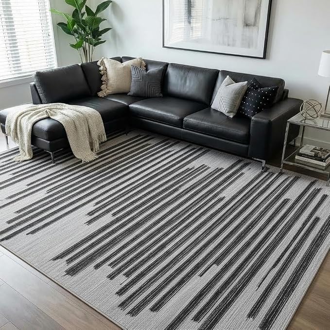 GarveeHome 5x7 Non Slip Striped Area Rug for Living Room Bedroom Classroom | Modern Minimalist Washable Low Pile Indoor Carpet Stain Resustant Rugs for Guest Room Home Office, Black Grey