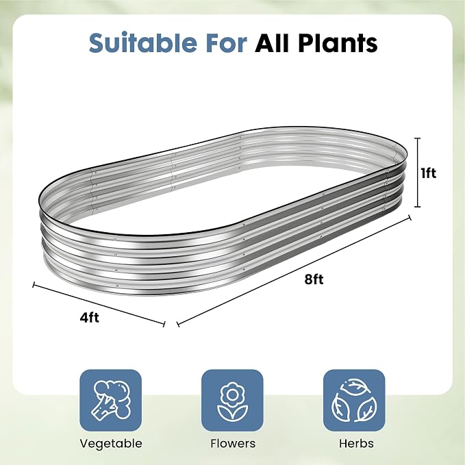 DUMOS Galvanized Raised Garden Bed, 8x4x1ft Outdoor Metal Planter Box, Heavy-Duty Planter Raised Bed for Vegetables Herbs Flowers, Oval Rustproof Flower Beds for Backyard Patio, Open Bottom