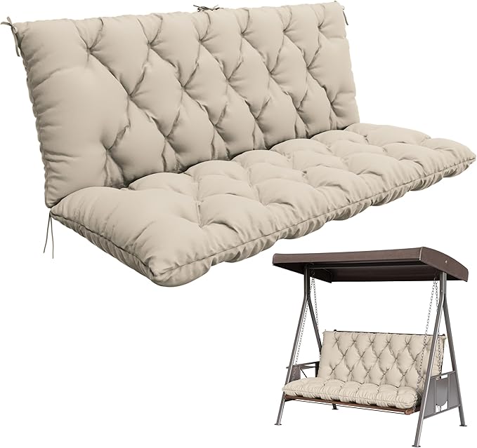 Porch Swing Cushion with Backrest,Waterproof Bench Cushion for Outdoor Furniture,2-3 Seater Replacement Thickened 5 in swing cushion,with Ties,Patio,Outdoor,Backyard and Cream (Cream,60x40 in)