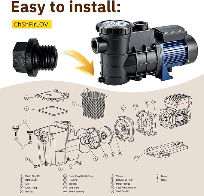 SPX1700FG Pool Pump Pipe Plug Drain Plugs with Gaskets for Hayward Pool Cleaner Pumps & Power-flo LX Pump Series (2PCS)
