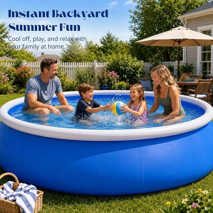 Large Inflatable Pool, 10 ft x 30 in (305 x 76 cm), Blue and White Round 3-Ply Laminated Mesh PVC Backyard Swimming Pool for 4-6 People, Foldable Kiddie Pool for Family Summer Fun
