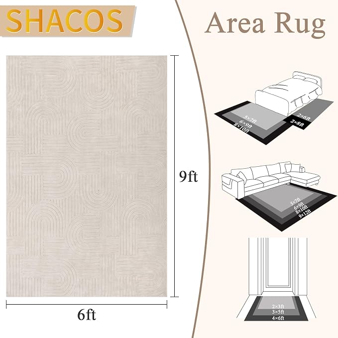 SHACOS Soft Cozy Fluffy Arch Pattern High-Low Pile Area Rugs 6'x9' Large Non Slip Washable Modern Geometric Rug Scandinavian Minimalist Carpet for Living Room Bedroom Dining Room, Beige
