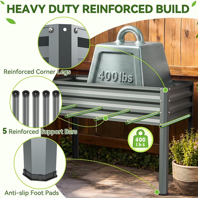 Ohuhu Raised Garden Bed with PE Cover, 48"x22"x59.5" Galvanized Elevated Planter Box with Legs, Large Garden Box Outdoor Planters for Outdoor Plants, Heavy Duty Gardening Bed for Flower Vegetable