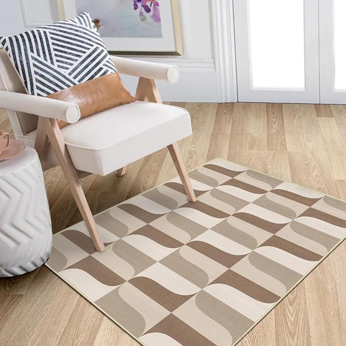 Modern Geometric 2x3 Rug for Entryway Neutral Beige Brown Abstract Mid Century Modern Area Rug Machine Washable Door Mat Small Rugs Non-Slip Printed Low-Pile Floor Carpet for Bathroom Kitchen Laundry