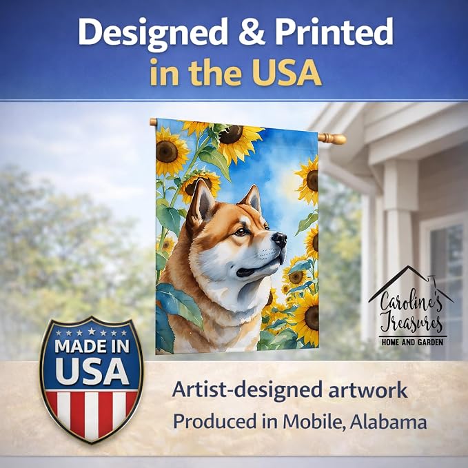 Caroline's Treasures DAC6003CHF Akita in Sunflowers House Flag Large Porch Sleeve Pole Decorative Outside Yard Banner Artwork Wall Hanging, Polyester, House Size, Multicolor