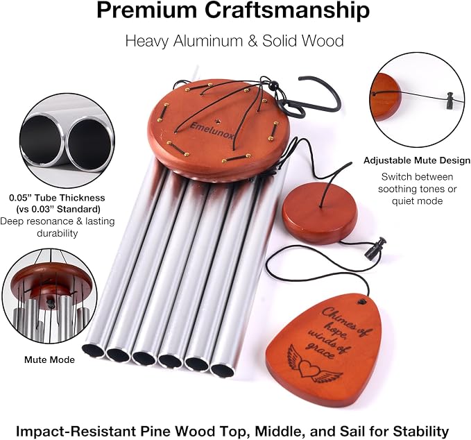 Sympathy & Memorial Wind Chimes for Outside – Deep Tone Aluminum Chimes with Mute Feature, Inspirational Poem, Butterfly & Heart Art Wooden Sail, Outdoor Garden Decor (Silver, 32 Inch)