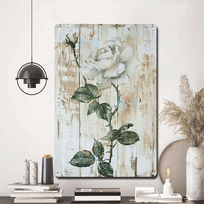 Metal Sign Tin Sign Vintage Wall Art Shabby Chic Rose Tin Sign for Antique Style Decor Rustic Wall Art and White Rose Admirers Tin Signs for Women for Club 6×8 Inches