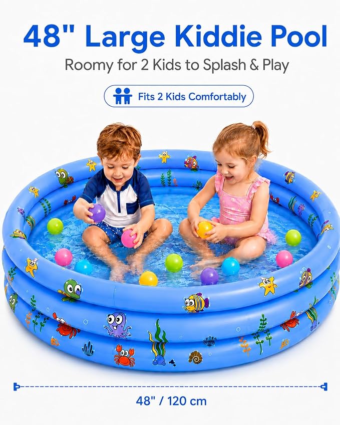 Inflatable Kiddie Pool for Baby with Bubble Bottom, 48"*12", Blue | Toddler Pool with Drain Plug, 3Ring Kids Pool for Summer Play, Flodable,Beach, Backyard, Indoor Ball Pit Play