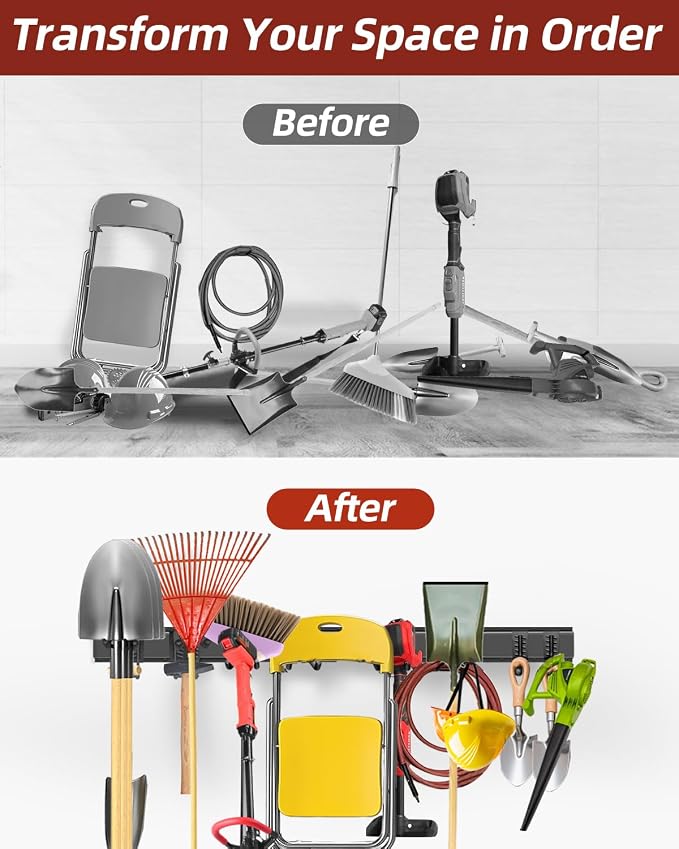48-Inch Garage Storage Tool Organizer with 8 Hooks - Heavy Duty Metal Rack for Garage Organization, Garden Tool Organizer - Wall Mounted Tool Hanger for Shovels, Ladders, Lawn Tools