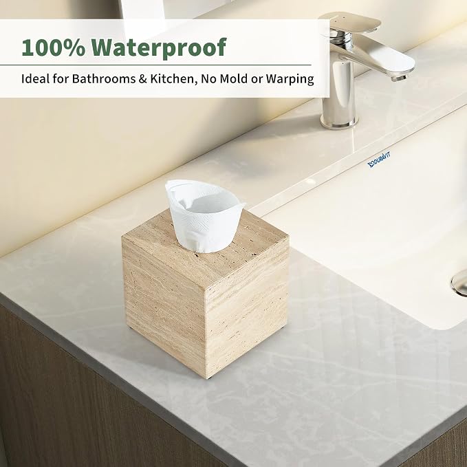 Real Natural Travertine Tissue Box Cover, 5.5 Inch Square Travertine Tissue Box Holder with Open Bottom, Heavy Stone Decorative Organizer for Bathroom Vanity, Kitchen Countertop, Luxury Home Décor