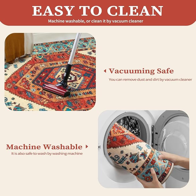 SERISSA 5x7 Washable Non Slip Boho Area Rug for Living Room，Orange | Ultra Soft Vintage Oriental Carpet Low-Pile Distressed Tribal Throw Carpet for Bedroom Dining Room Dorm Office Home Decor