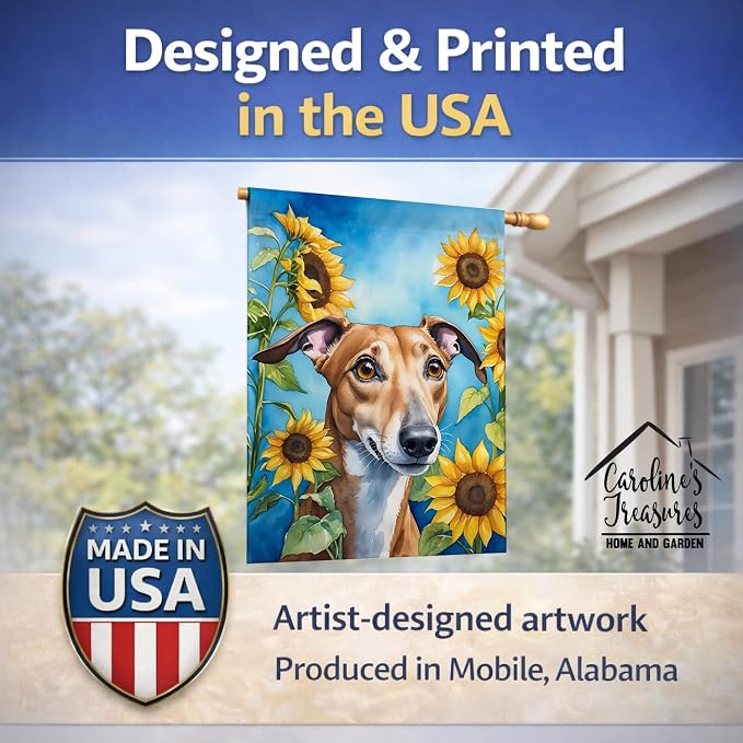 Caroline's Treasures DAC6095CHF Greyhound in Sunflowers House Flag Large Porch Sleeve Pole Decorative Outside Yard Banner Artwork Wall Hanging, Polyester, House Size, Multicolor