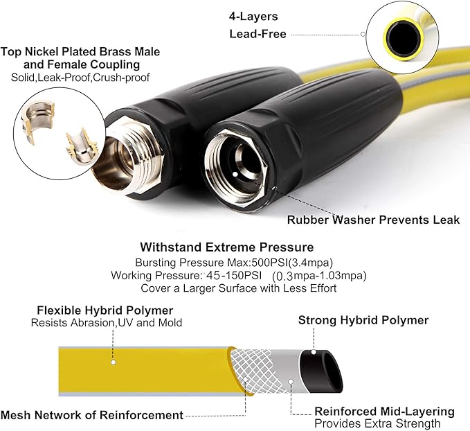 Garden Hose 75 ft Heavy Duty-Water Hose with 9 Way Spray Nozzle and Flexible 4 Layers Hybrid-3/4’’ Nickel Plated Brass Fittings-5/8’’ Inner Core-Lead-Free Outdoor Durable Lightweight Pipe Set