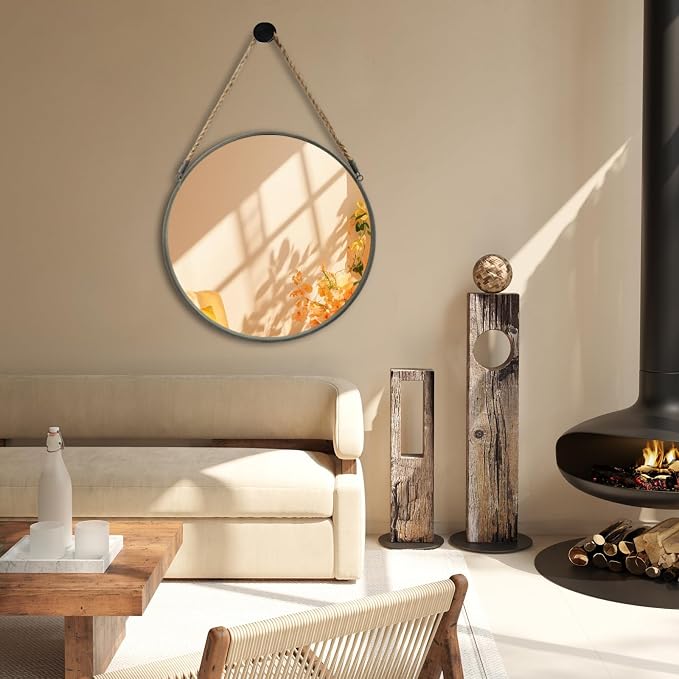 POZINO 20 Inch Round Mirror with Grey Metal Frame, Hanging Mirror for Wall | Circle HD Mirror with Jute Rope, Anti-Rust, Farmhouse Decorative Wall Mirror for Entryway, Living Room, Fireplace, Bathroom
