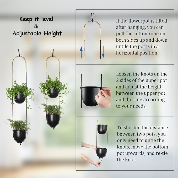 Modern Metal Hanging Planter for Indoor Outdoor Plants with Hook 2 Tier Boho Wall and Ceiling Flower Pots Baskets Holder Home Office Decor(Black)
