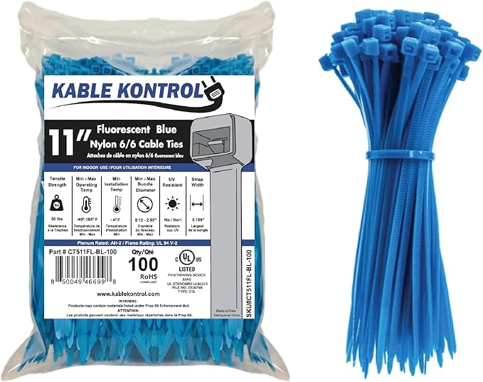 Kable Kontrol Fluorescent Blue Zip Ties 11 Inch 100 Pcs, 50 Lbs Tensile Strength, Self-locking Nylon Colored Cable Ties Wire Wraps for Indoor or Outdoor Use…