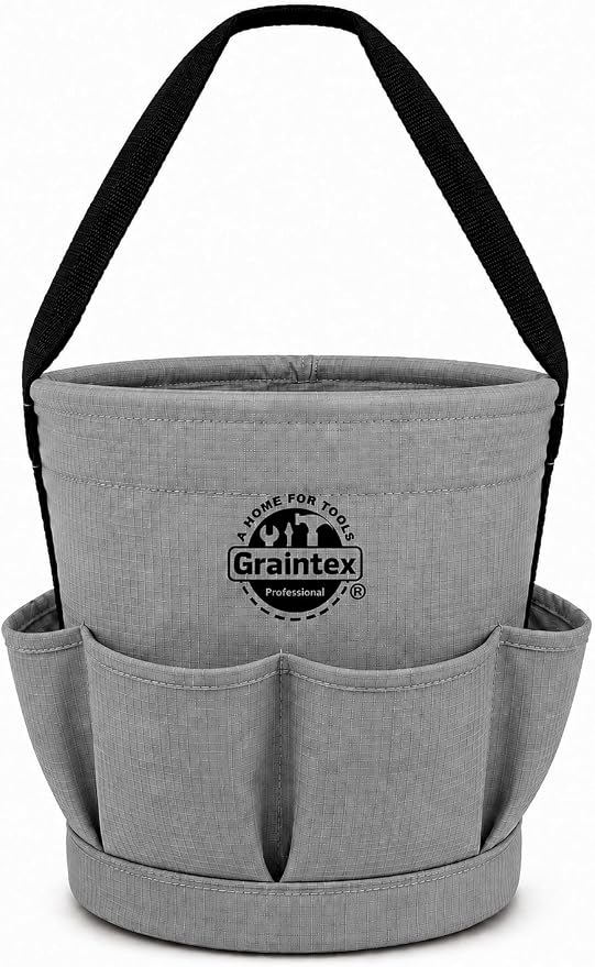 Graintex Tapered Canvas Bucket 12"x10"x15", Utility Tool Bucket 6 Pockets Outside, Reinforced Base & Carry Handle, Ripstop Canvas, Multi-Purpose Bag for Jobsite & Home Use (Steel Grey)