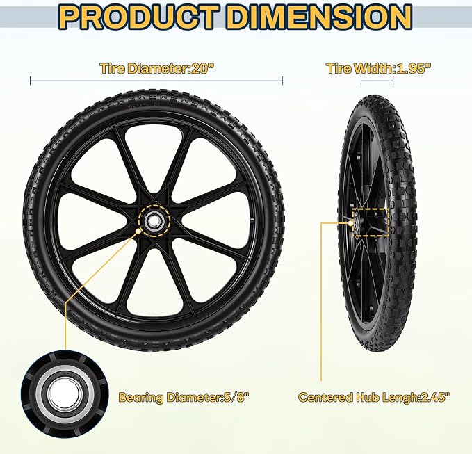 20" Flat Free Tire and Wheel, with 3/4" & 5/8" Bearing, 2.45" Centered Hub, Replacement Wheels for Rubbermaid Wheelbarrow,Lawn Carts, Big Wheel Utility Carts and Garden Yard Cart, 2 Pack