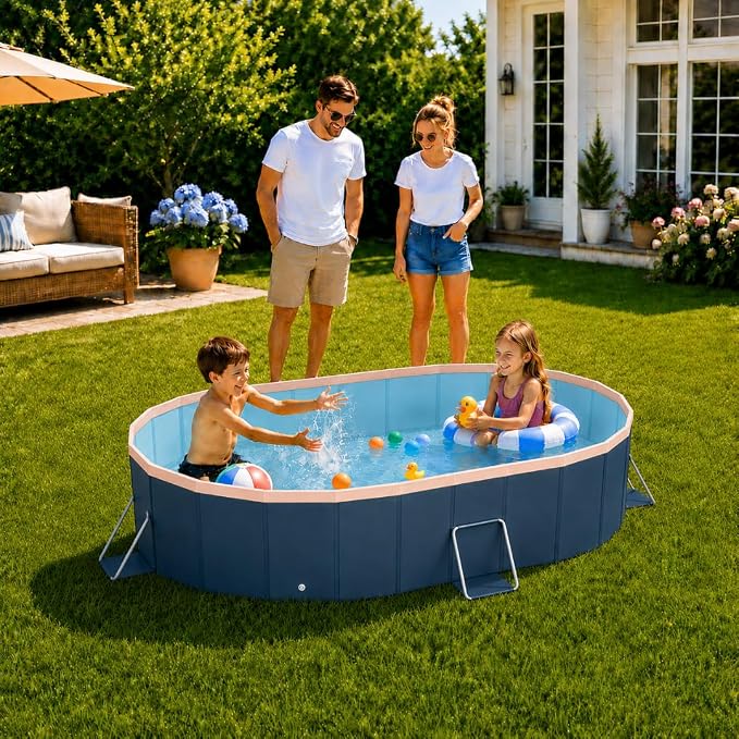 6 ft Foldable Non-Inflatable Swimming Pool, 72.04 x 54.33 x 17.71 in, Blue PVC Backyard Pool with Aluminum Alloy Triangle Supports for 1 Adult and 1 Child