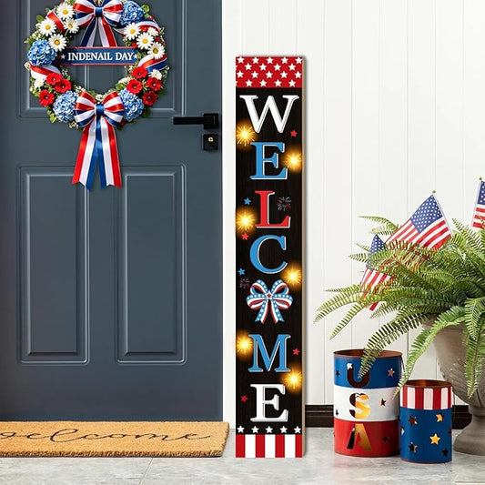 4th of July Welcome Sign with LED Lights, 47" Patriotic Wooden Door Porch Standing Decor Signs, Independence Day 250th Front Door Porch Decor, Memorial Day Home Yard Party Wall Hanging Decoration