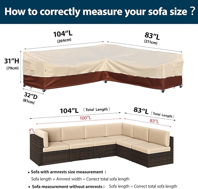 Patio Outdoor Sectional Cover-L-Shaped Patio Furniture Covers Waterproof Rip-Stop Anti-UV 600D Heavy Duty Outdoor Couch with 3 Air Vent Sofa Cover,Right 104''L (83''L) 32''D 31''H