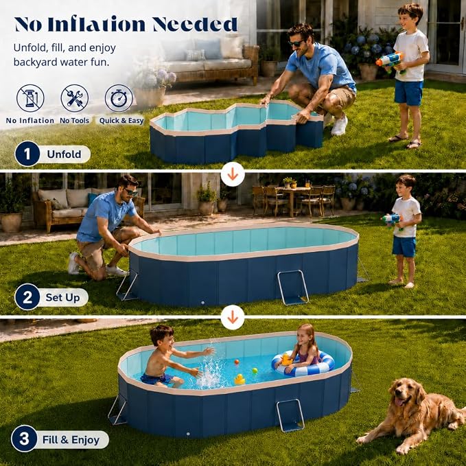 6 ft Foldable Non-Inflatable Swimming Pool, 72.04 x 54.33 x 17.71 in, Blue PVC Backyard Pool with Aluminum Alloy Triangle Supports for 1 Adult and 1 Child
