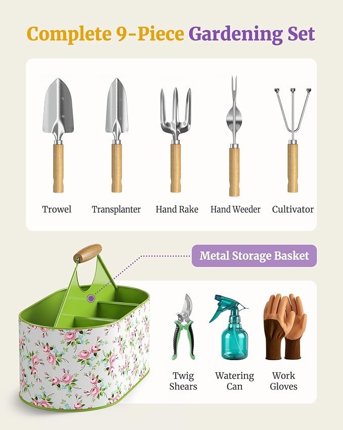 9-Piece Garden Tool Set, Heavy Duty Stainless Steel Rust-Proof Planting Kit with Ergonomic Wood Handles, Durable Metal Organizer Basket with 4 Compartments, Gardening Gift for Women, Mother