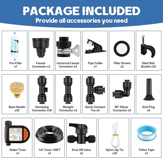 Kalolary 100Ft Misting Cooling System with Timer,Misters for Outside Patio with Water Filter,100FT Misting Line,30 Brass Mist Nozzles & 2 PE Adapters 3/4" Outdoor Mister for Backyard Garden Greenhouse