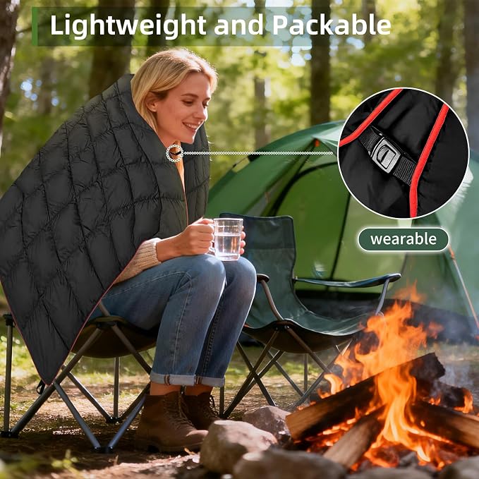 Outdoor Puffy Camping Blanket, Packable Outdoor Blanket Waterproof Down Alternative for Camping, Hiking, Backpacking, Traveling, Picnic, Beach, Lawn, Stadium (Black, 55 * 79'')