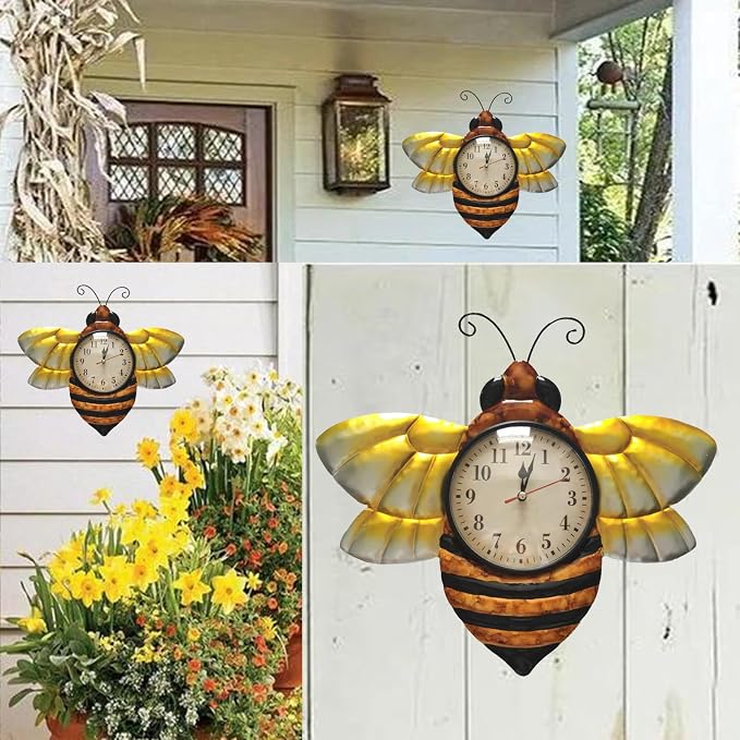 TXYS Bee Clock for Wall Decor Honeybee Outdoor Clocks and Indoor Decorative Art Wall Sculptures Your Home Yard, Hallway, Bathroom and Any Room