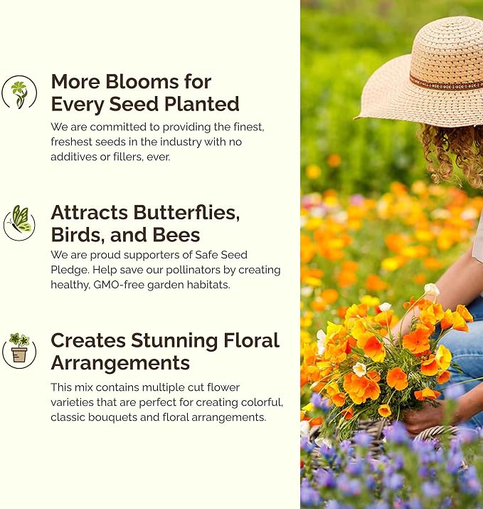 Eden Brothers Bird & Butterfly Wildflower Mixed Seeds for Planting, 50 lb, 24,000,000+ Seeds with Cosmos, Indian Blanket | Attracts Pollinators, Plant in Spring or Fall, Zones 3, 4, 5, 6, 7, 8, 9, 10