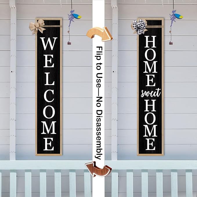 Outdoor 2in1 Welcome Sign for Front Door Home Sweet Home Sign for Farmhouse Tall Outdoor Front Porch Standing 2 Sided 45"X9" Large Vertical Leaner Rustic Outside Decor (Wood Black)