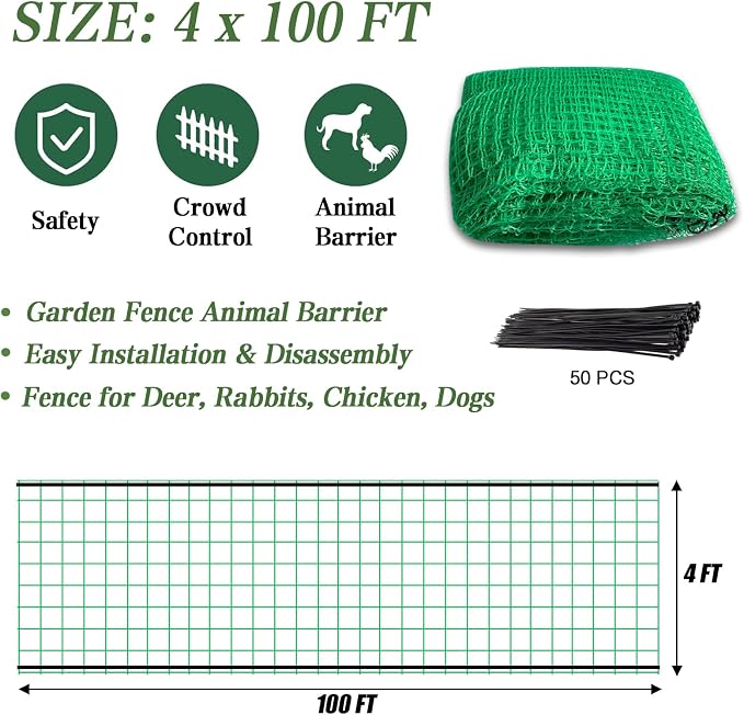 Garden Fence Temporary Fence, 4'x100' with 50 Zip Ties, Plastic Fencing Safety Fence Snow Fence, Construction Fencing for Garden Fencing, Animal Barrier, Poultry, Deer, Patio, Green