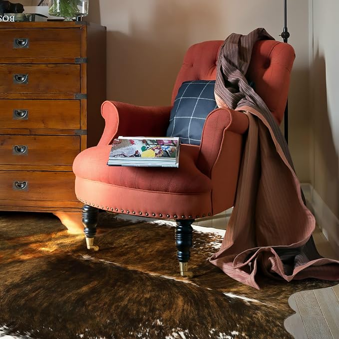 AROGAN Faux Cowhide Rug, Cow Print Animal Area Rug, 4x3 Ft Saddle Brown | Premium Cow Hide Carpet, Western Rug for Bedroom Living Room Decor, Durable Faux Cow Skin Cowhide Area Rug