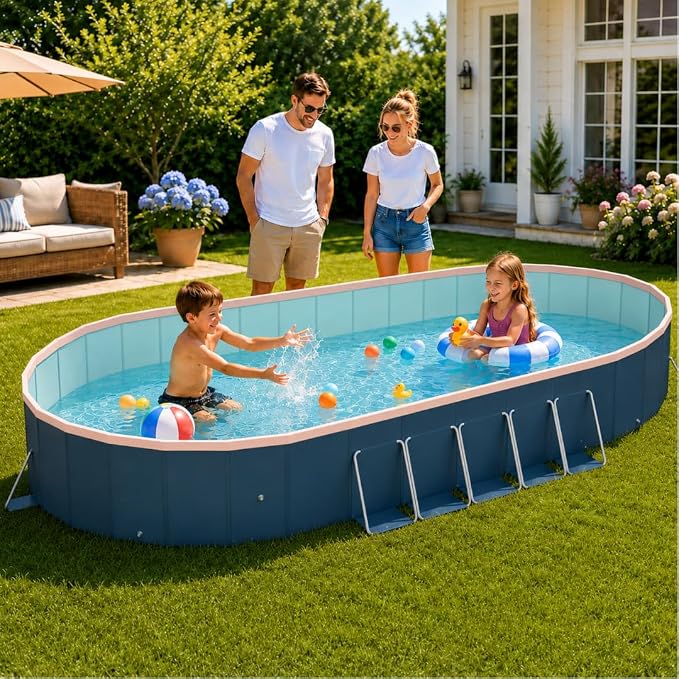 12 ft Foldable Non-Inflatable Swimming Pool, 143.70 x 98.43 x 19.69 in, Blue PVC Backyard Pool with Aluminum Alloy Triangle Supports for 3 Adults and 5 Children