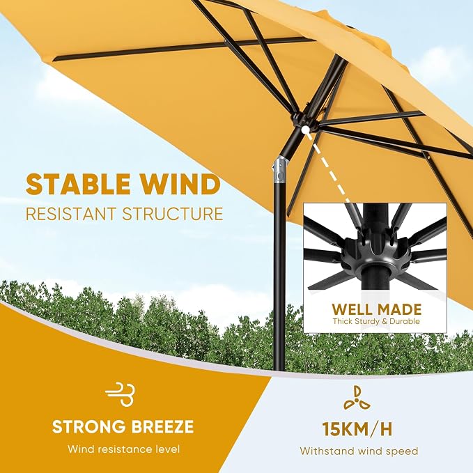 Tempera Patio Market Outdoor Table Umbrella with Push Button Tilt and Crank, Large Sun Umbrella with Sturdy Pole & Fade Resistant Canopy, Easy to Set