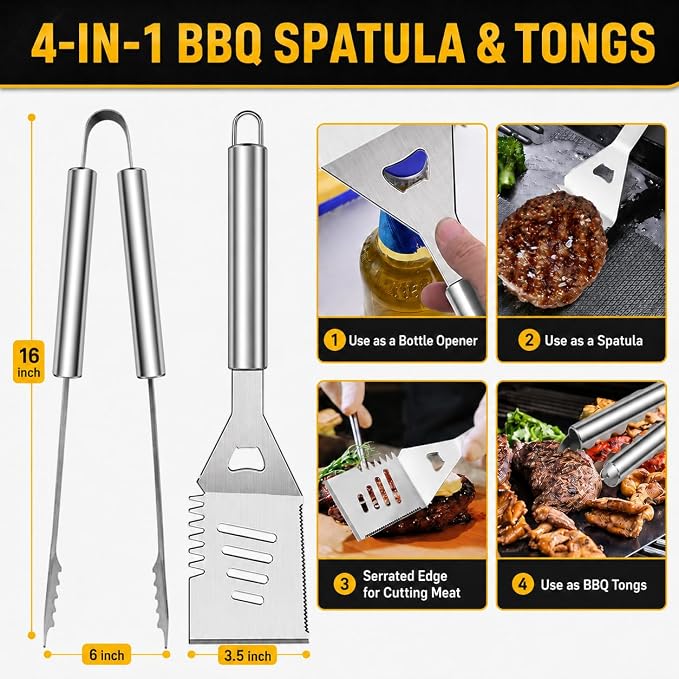 34Pcs Grill Accessories Grilling Gifts for Men, 16 Inches Heavy Duty BBQ Accessories, Stainless Steel BBQ Tools with Thermometer, Grill Mats for Backyard, BBQ Set for Men Women