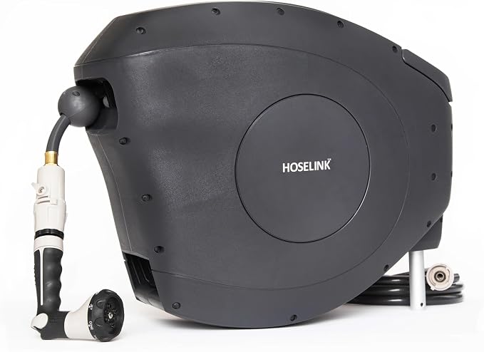 HOSELINK Classic Charcoal 100ft Automatic Retractable Garden Hose Reel, 1/2" UV-Stabilized Kink-Free Hose, Wall Mounted Complete Watering Solution for Backyard, Garden & Outdoor