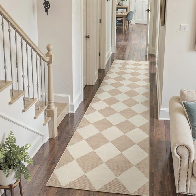 Beeiva Checkered Print Long Hallway Runner Rug Non Slip, Beige Ultra Thin 2.5x10 Washable Runner Rug, Moroccan Trellis Home Decor Faux Wool Neutral Carpet for Bathroom Kitchen Hallways, 10ft